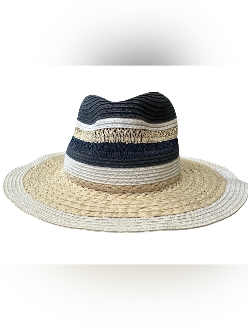 Badgley Mischka Navy, Natural & White Striped Straw Sun Hat